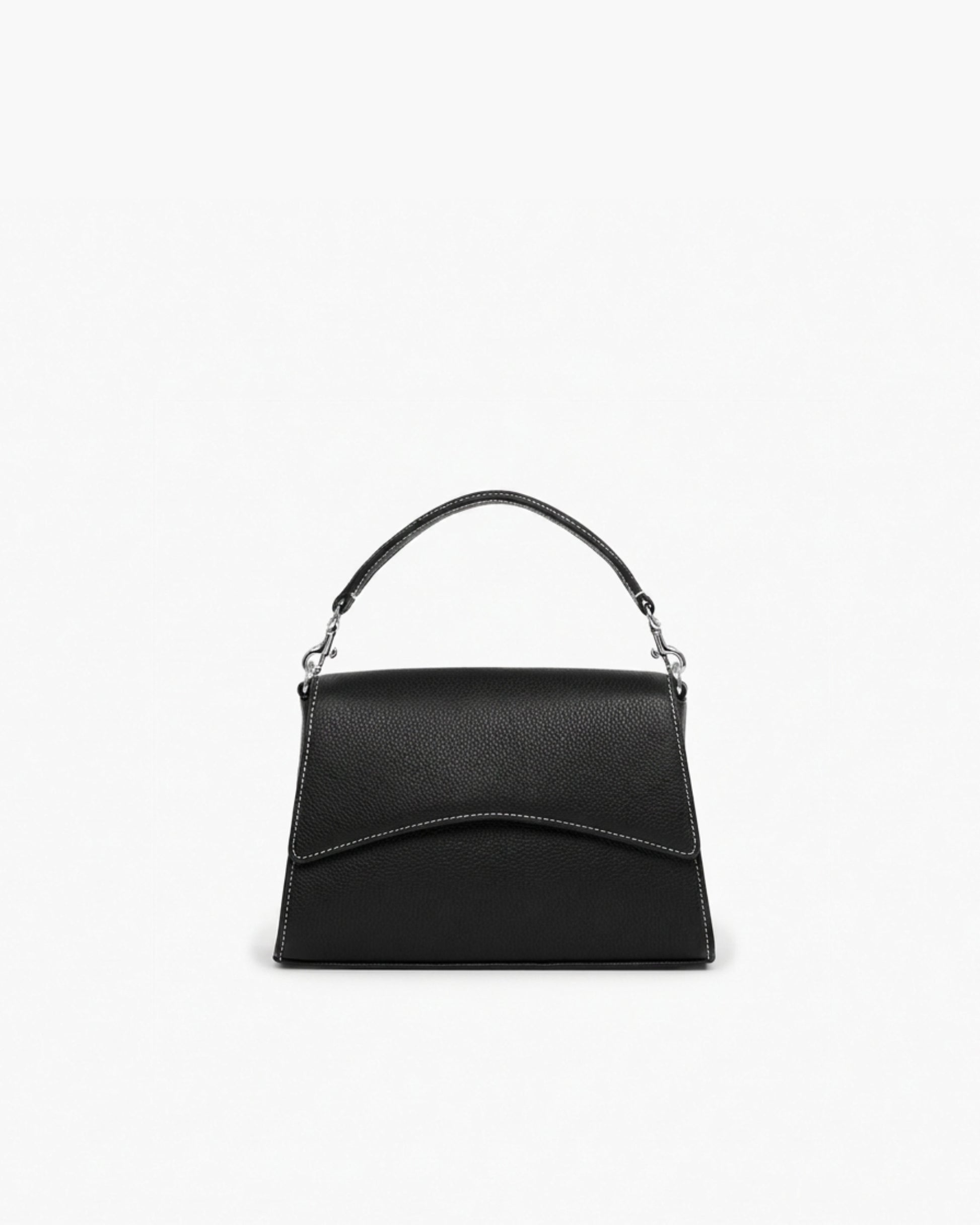 A black pebbled leather handbag with contrast stitching, silver hardware and a structured top handle, shown against a plain white background.