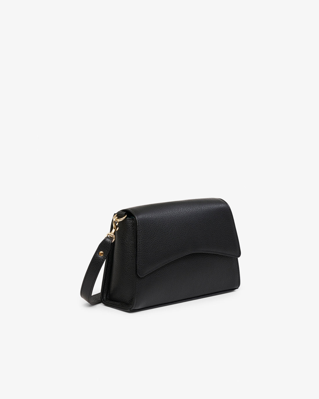 A black leather handbag with gold hardware, shown from the side in front of a white background.
