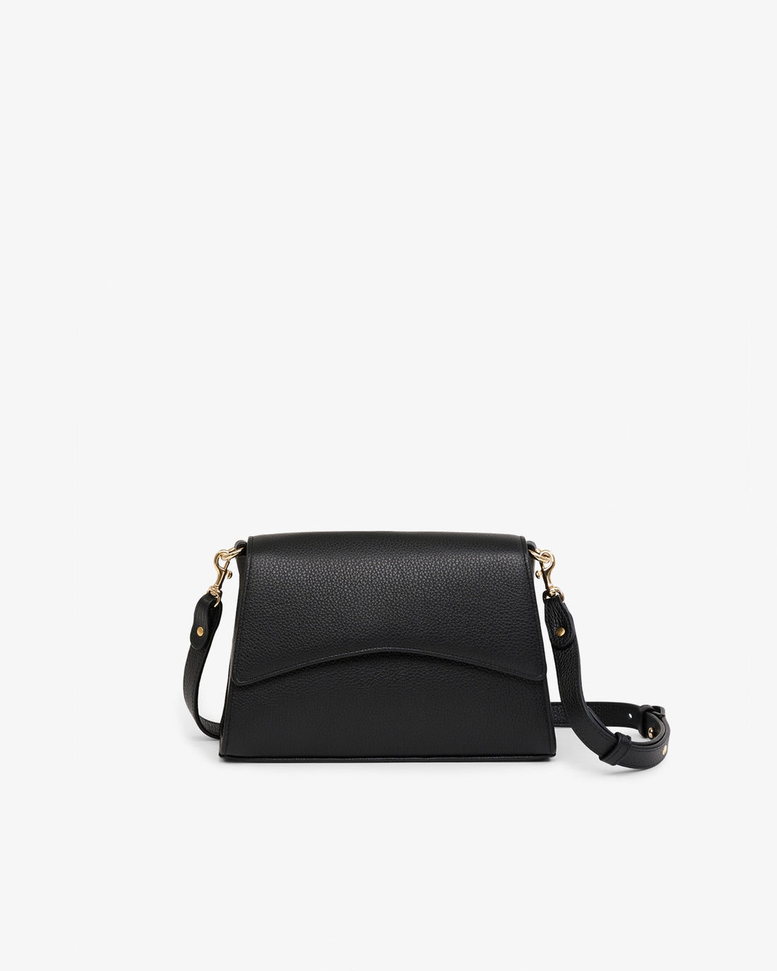 A black pebbled leather crossbody bag with a curved front flap and a detachable shoulder strap, shown against a plain white background.