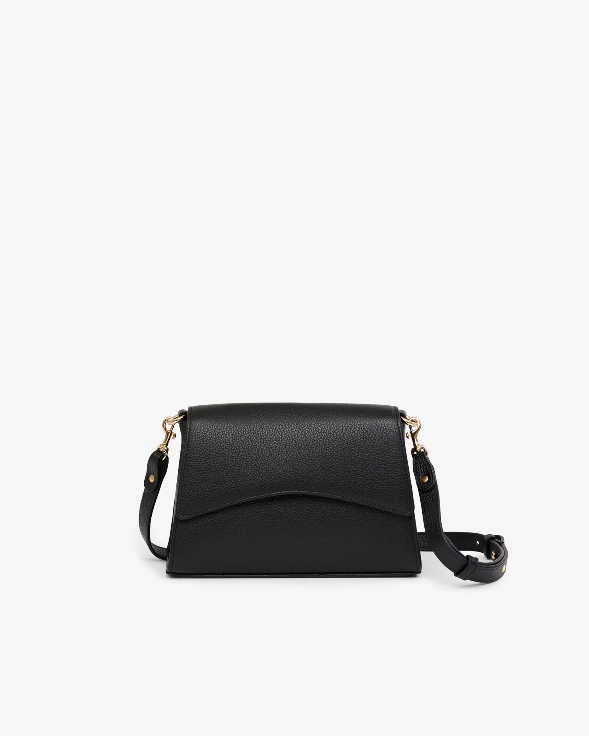 A black pebbled leather crossbody bag with a curved front flap and a detachable shoulder strap, shown against a plain white background.