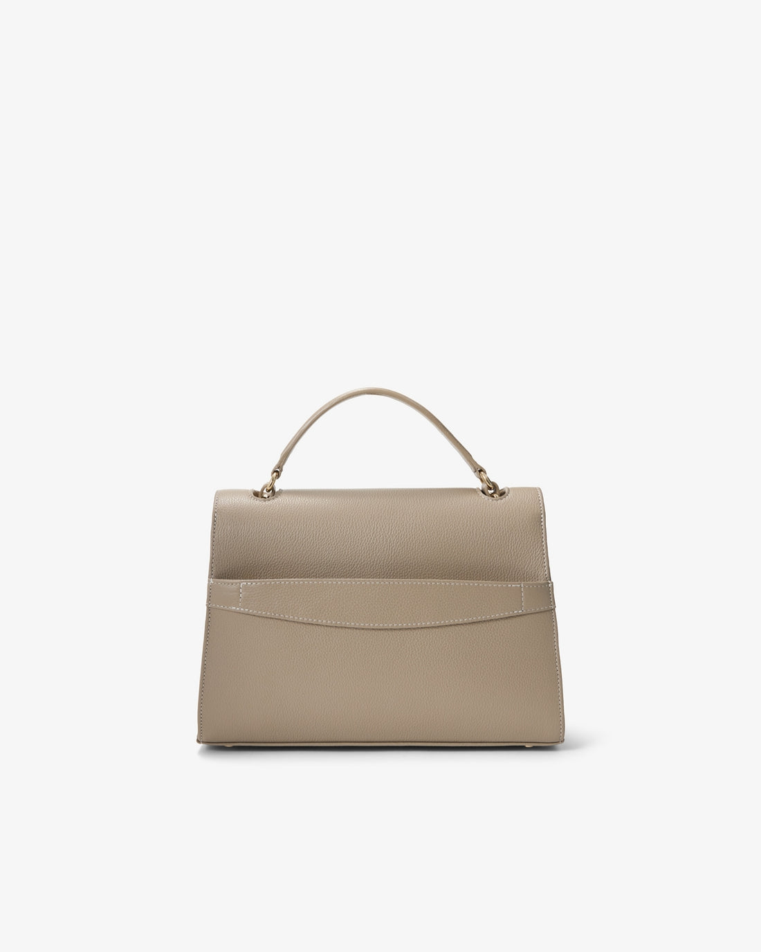 A structured top-handle handbag in light taupe leather with a luggage strap, shown from the back against a plain white background.