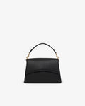 A black pebbled leather handbag with a structured top handle and gold-tone hardware, shown against a plain white background.