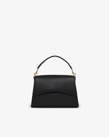 A black pebbled leather handbag with a structured top handle and gold-tone hardware, shown against a plain white background.