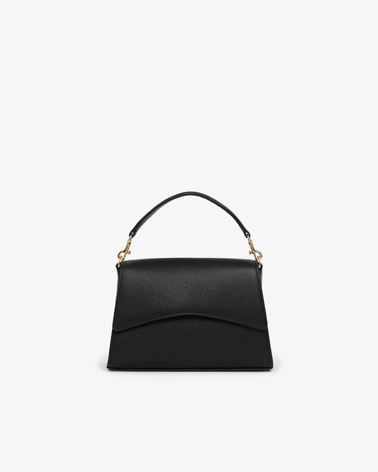 A black pebbled leather handbag with a structured top handle and gold-tone hardware, shown against a plain white background.
