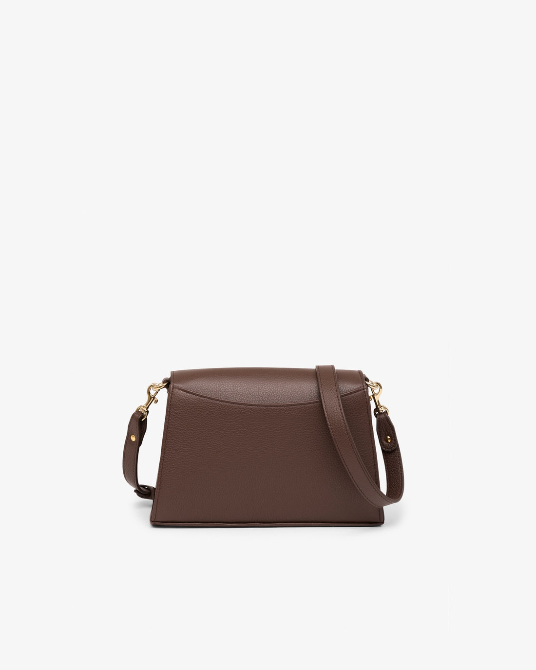 A dark brown leather crossbody handbag with a curved flap and gold-tone hardware, shown against a plain white background.