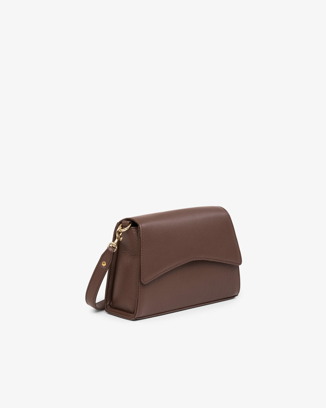 A brown leather shoulder bag with a flap closure and a matching strap, shown on a plain light gray background.
