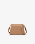 A structured tan leather crossbody bag with a curved top flap and a matching shoulder strap, shown against a plain white background.