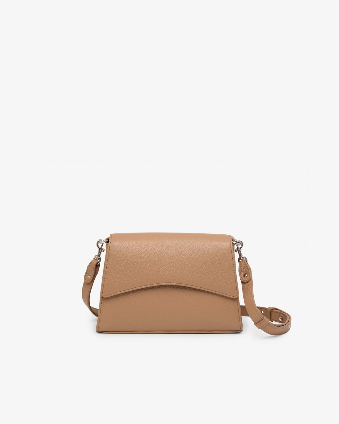 A tan leather crossbody handbag with a curved flap and a matching adjustable shoulder strap, shown against a plain white background.