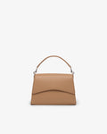 A structured tan leather handbag with a top handle and a curved flap, shown against a plain white background.