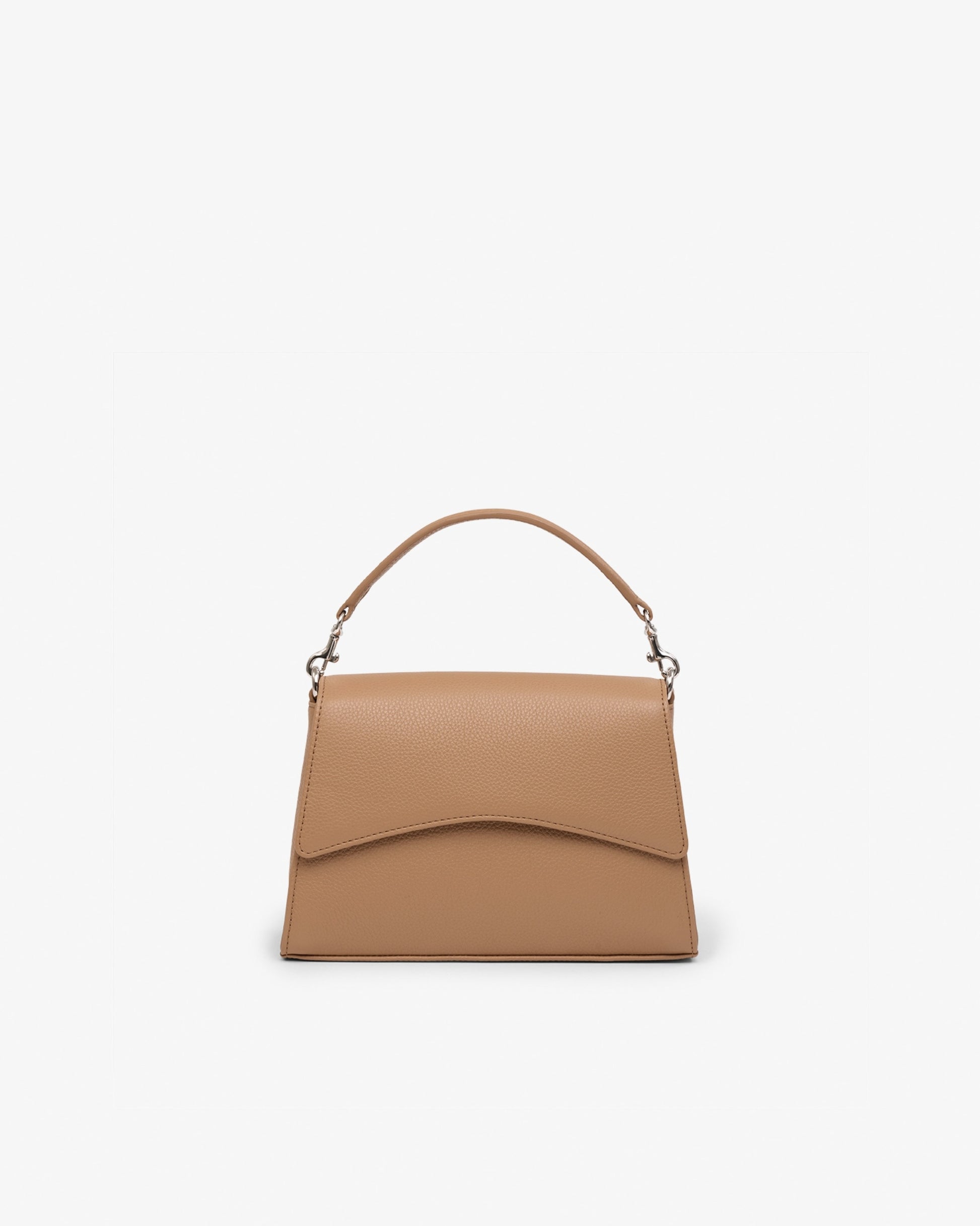 A structured tan leather handbag with a top handle and a curved flap, shown against a plain white background.