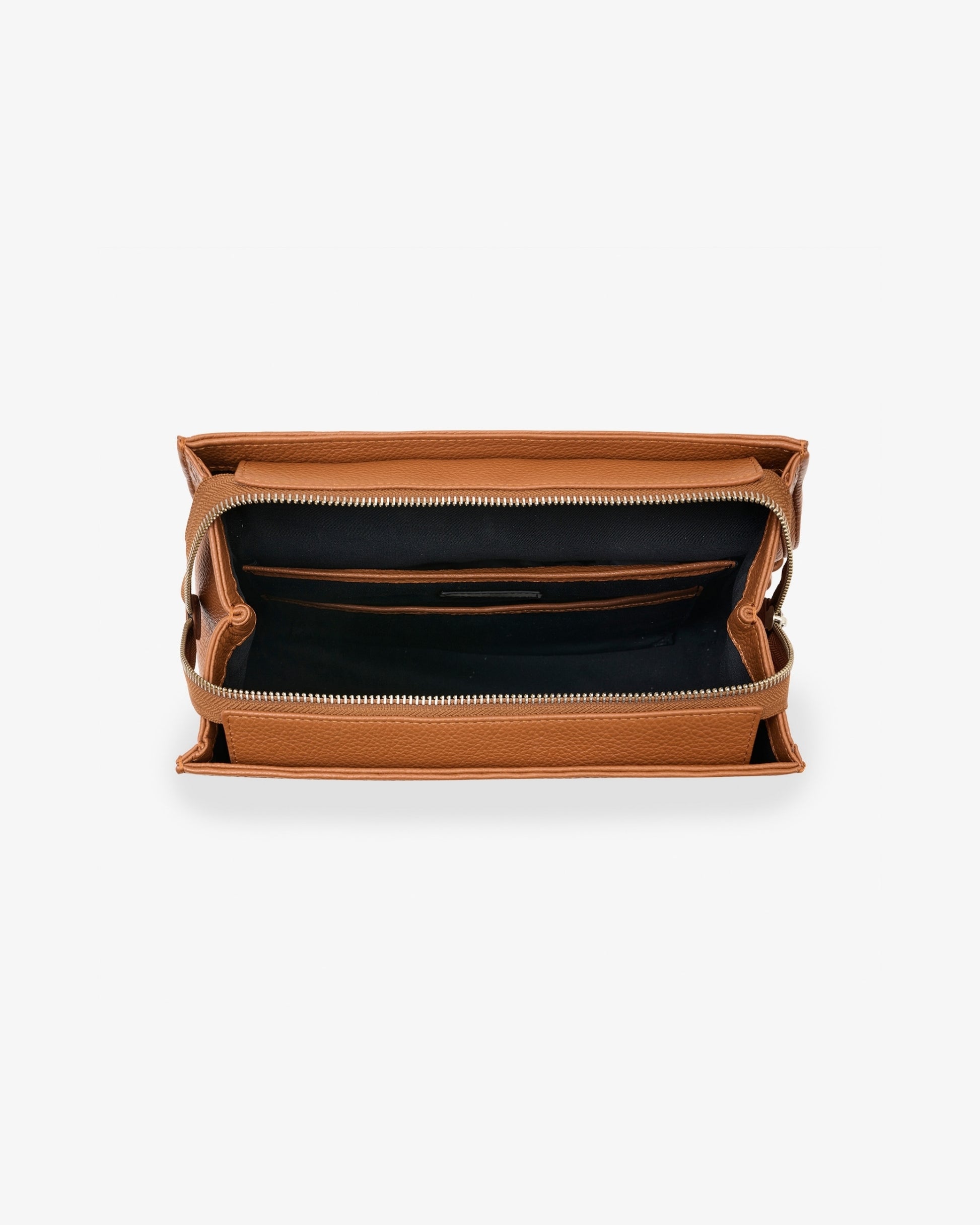 A tan leather zippered pouch or organizer shown open from a top-down view, revealing a dark navy interior lining and multiple internal pockets, set against a plain light gray background.