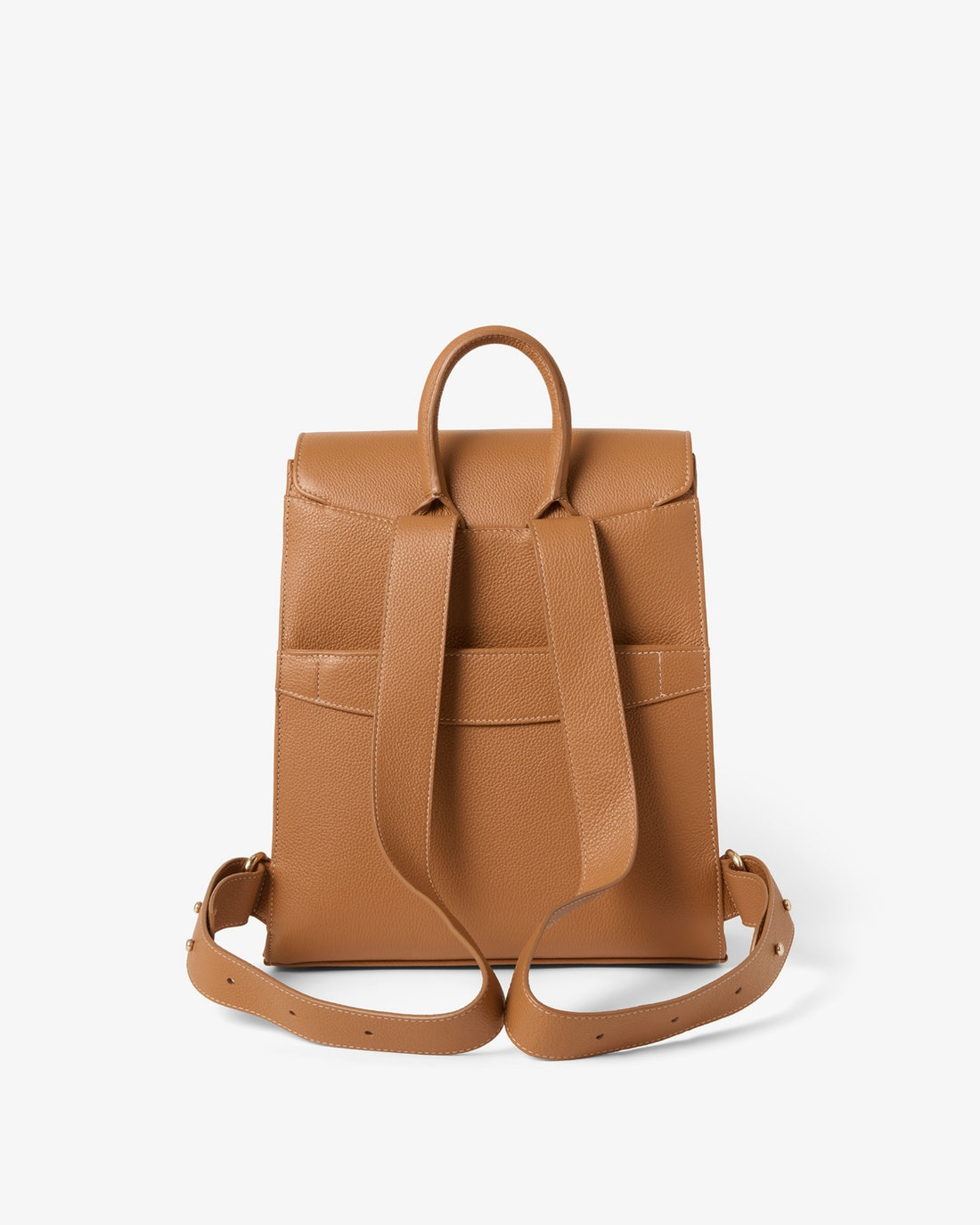 A tan leather backpack with a top handle and adjustable shoulder straps, shown from the back on a light gray background.