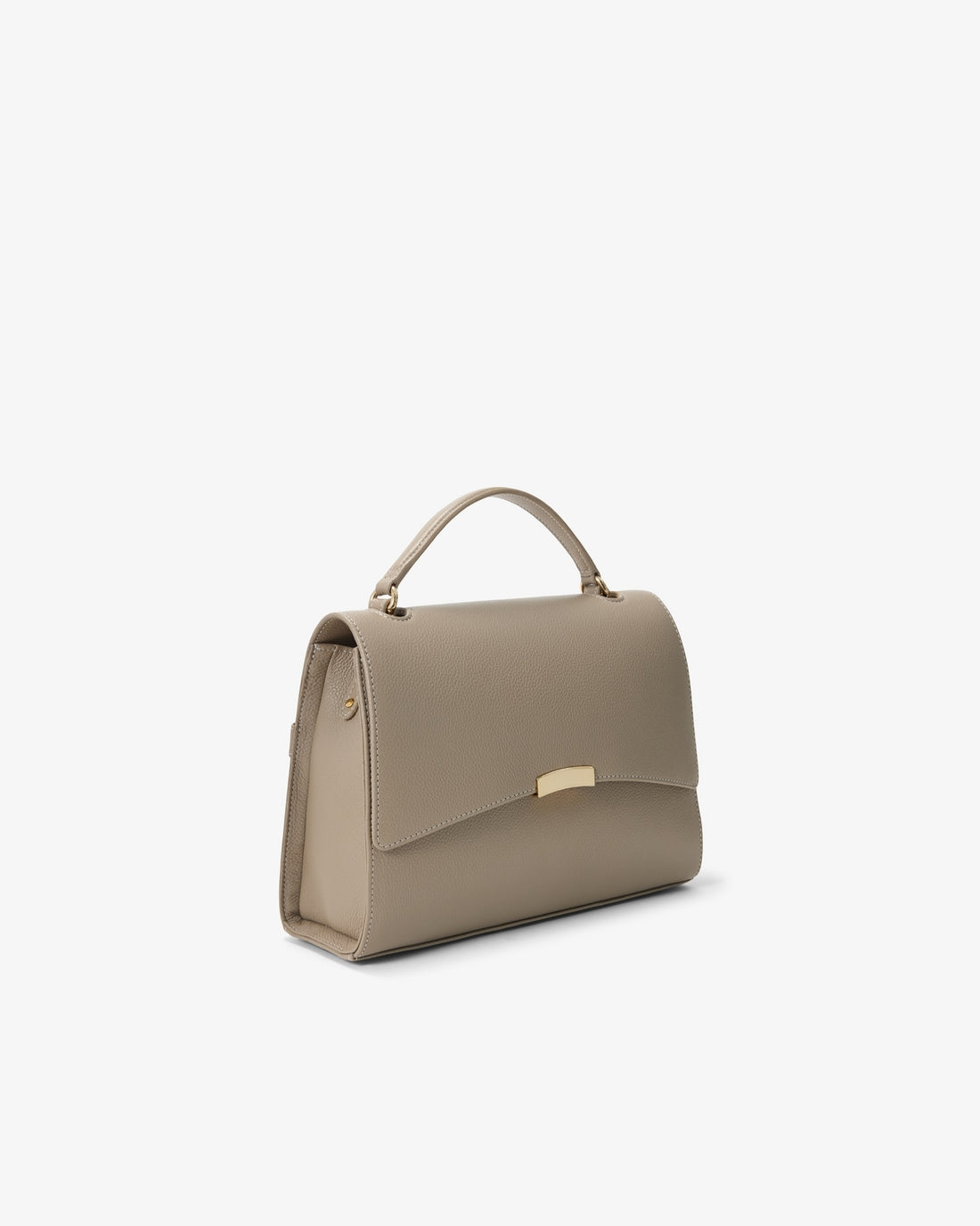 A structured taupe handbag with a top handle and a small gold-tone metal accent on the front, shown against a plain white background.