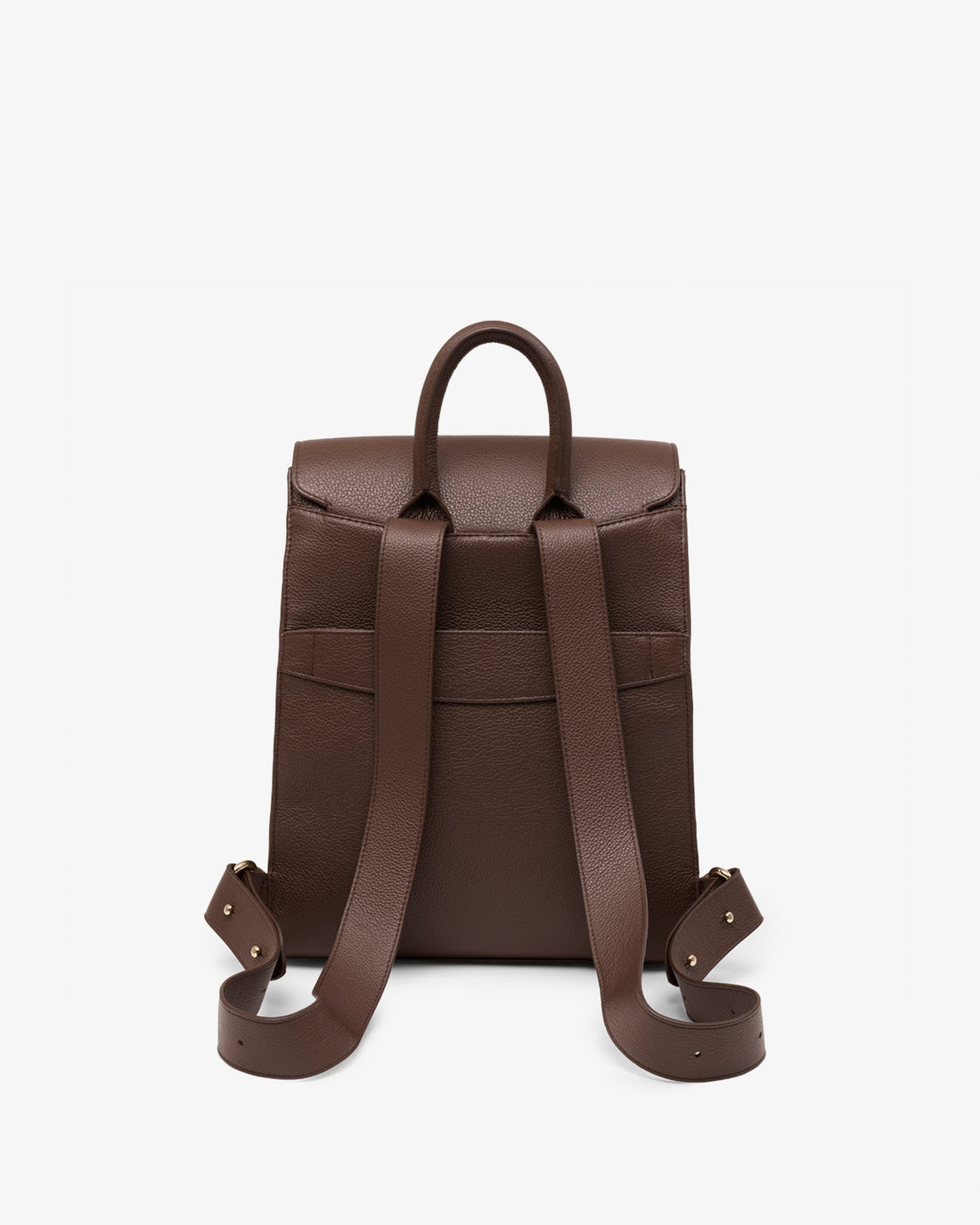 A dark brown leather backpack shown from the back, featuring a top handle and adjustable shoulder straps with metal hardware, set against a plain light gray background.
