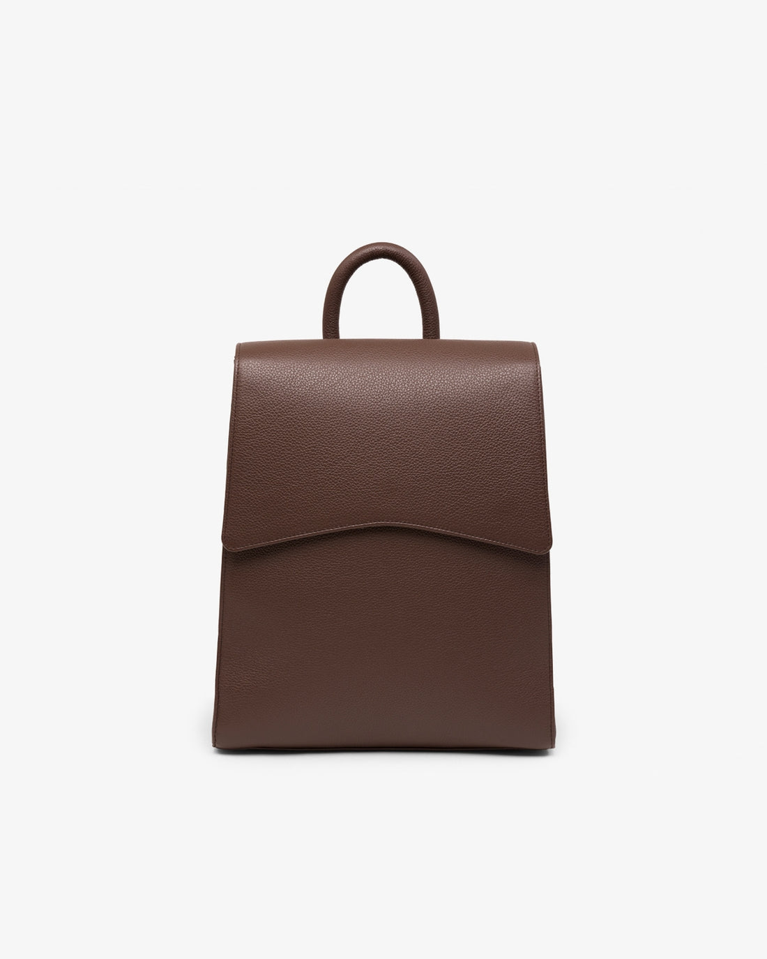 A brown textured leather backpack with a top handle, shown against a plain white background.