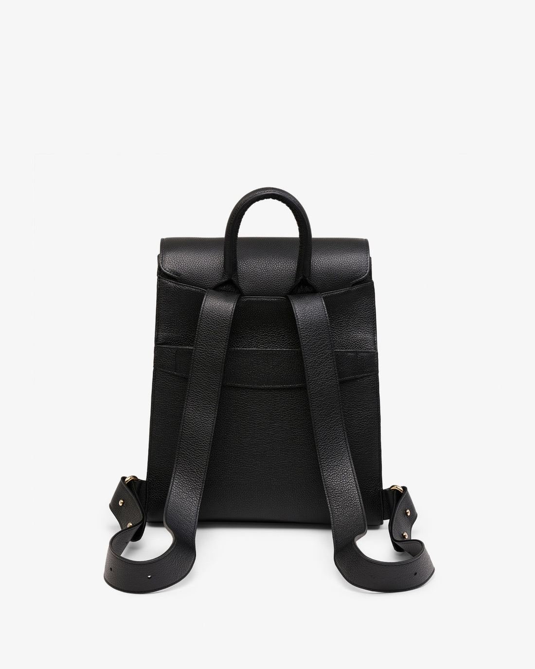 Black leather backpack shown from the back, featuring a top handle and wide adjustable shoulder straps, photographed against a clean white background.