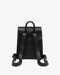 Black leather backpack shown from the back, featuring a top handle and wide adjustable shoulder straps, photographed against a clean white background.
