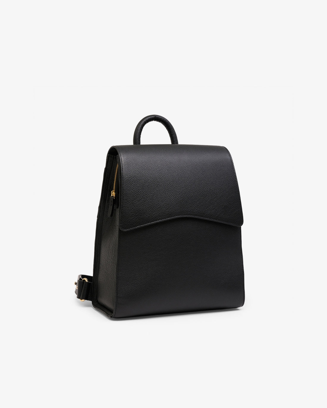 A black leather backpack with a top handle and a front flap, shown from a three-quarter angle against a plain white background.