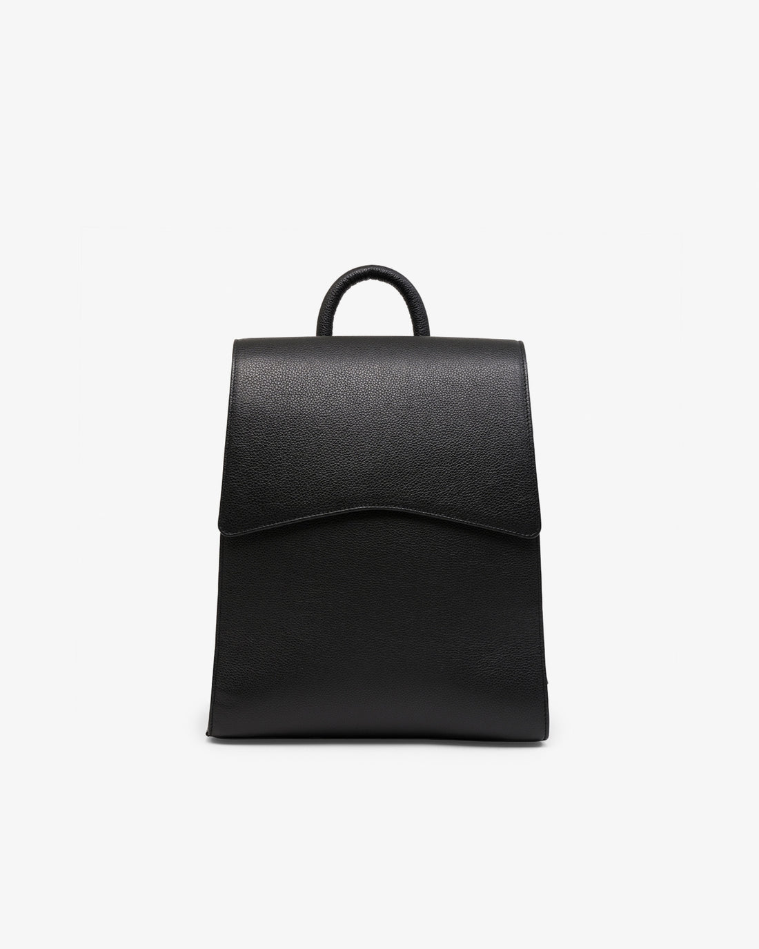A minimalist black leather backpack with a top handle, shown from the front against a clean white background.