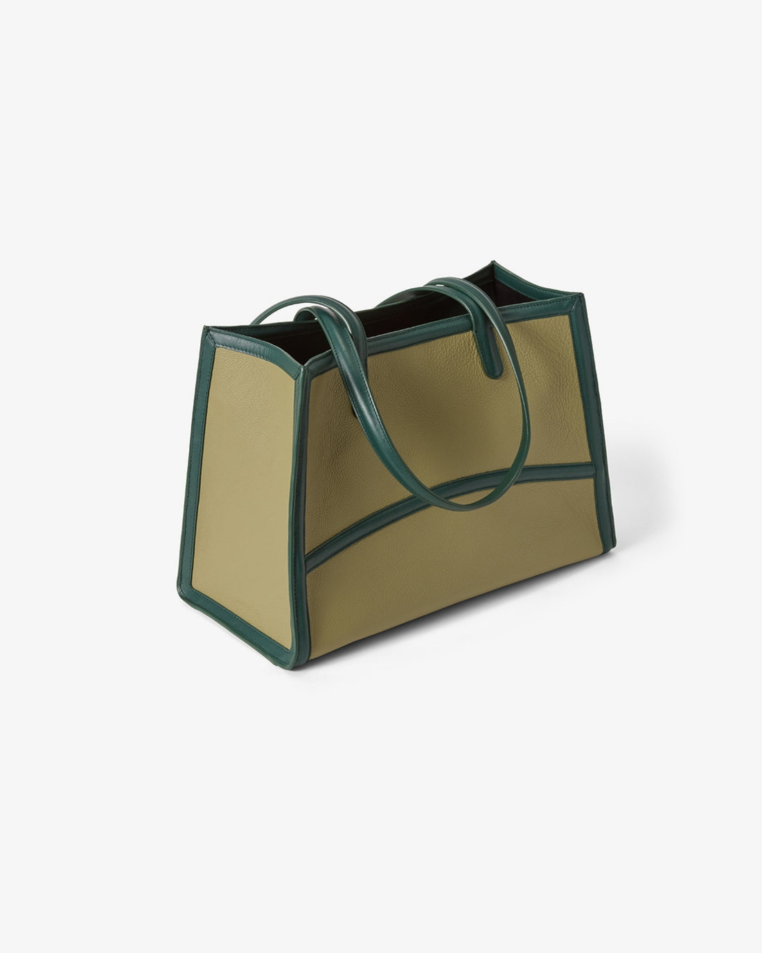 A structured tote bag with a light green body and dark green trim and handles, shown from a three-quarters angle on a light gray background.