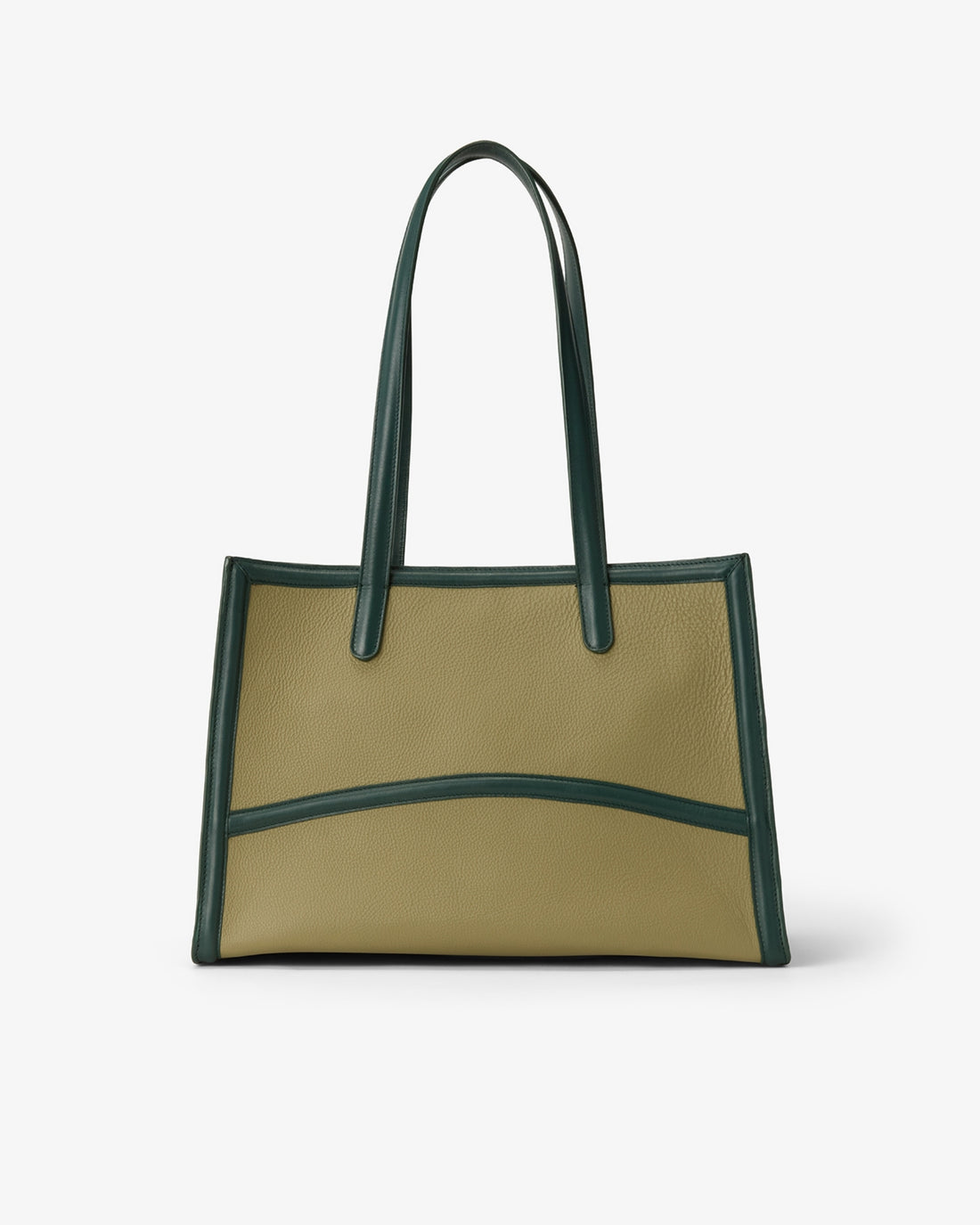 A structured leather tote bag with a light olive green body and dark forest green trim and handles, shown against a plain light gray background.
