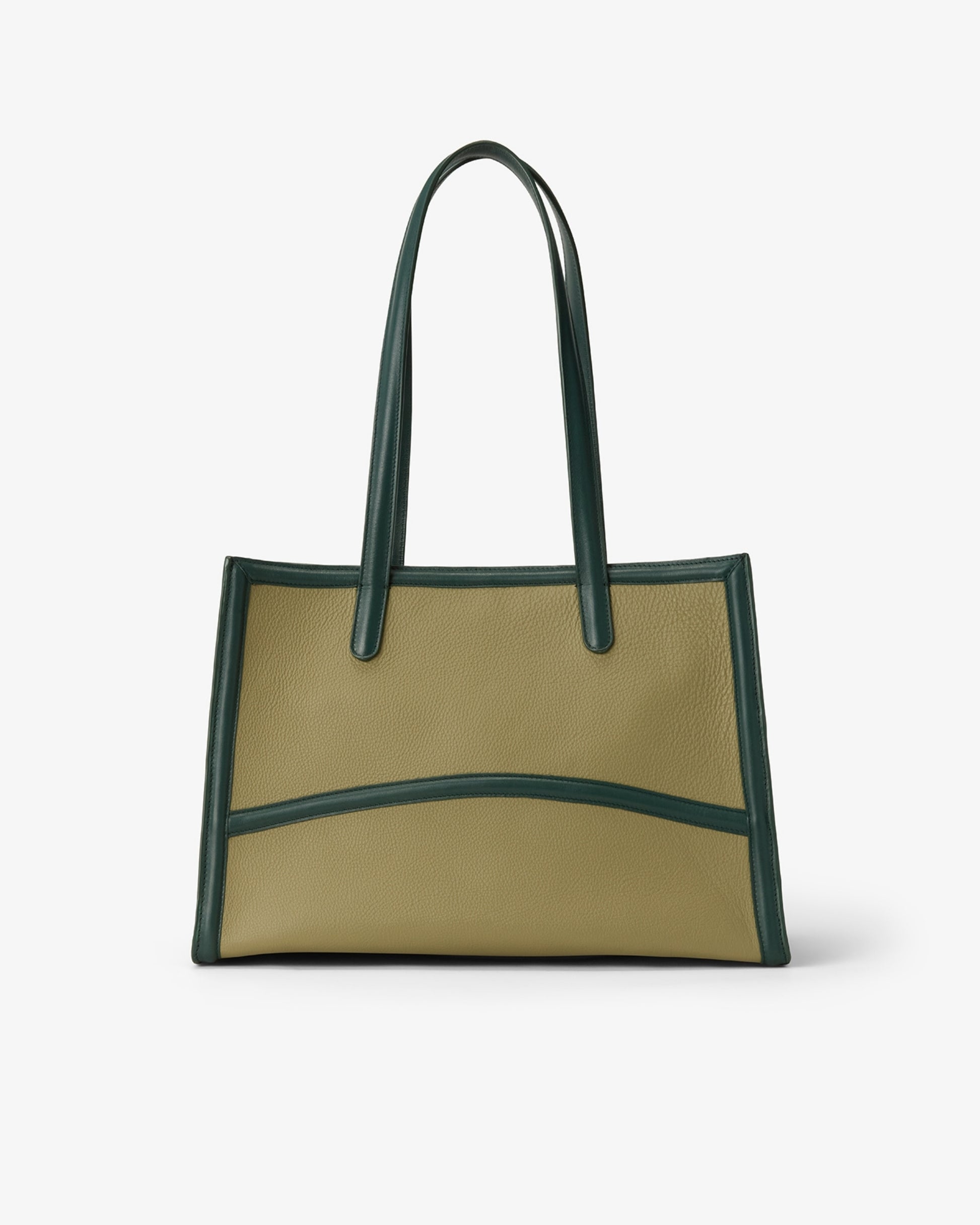 A structured leather tote bag with a light olive green body and dark forest green trim and handles, shown against a plain light gray background.