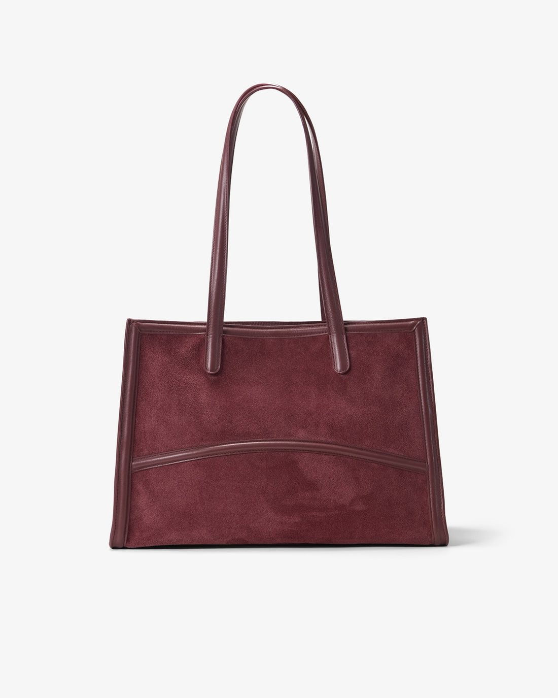 A dark burgundy suede tote bag with smooth leather handles and trim, shown against a plain light gray background.
