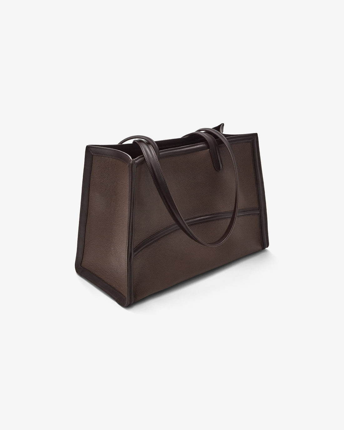 A dark brown leather tote bag with dual top handles, shown from a three-quarters perspective on a clean, light off-white background.