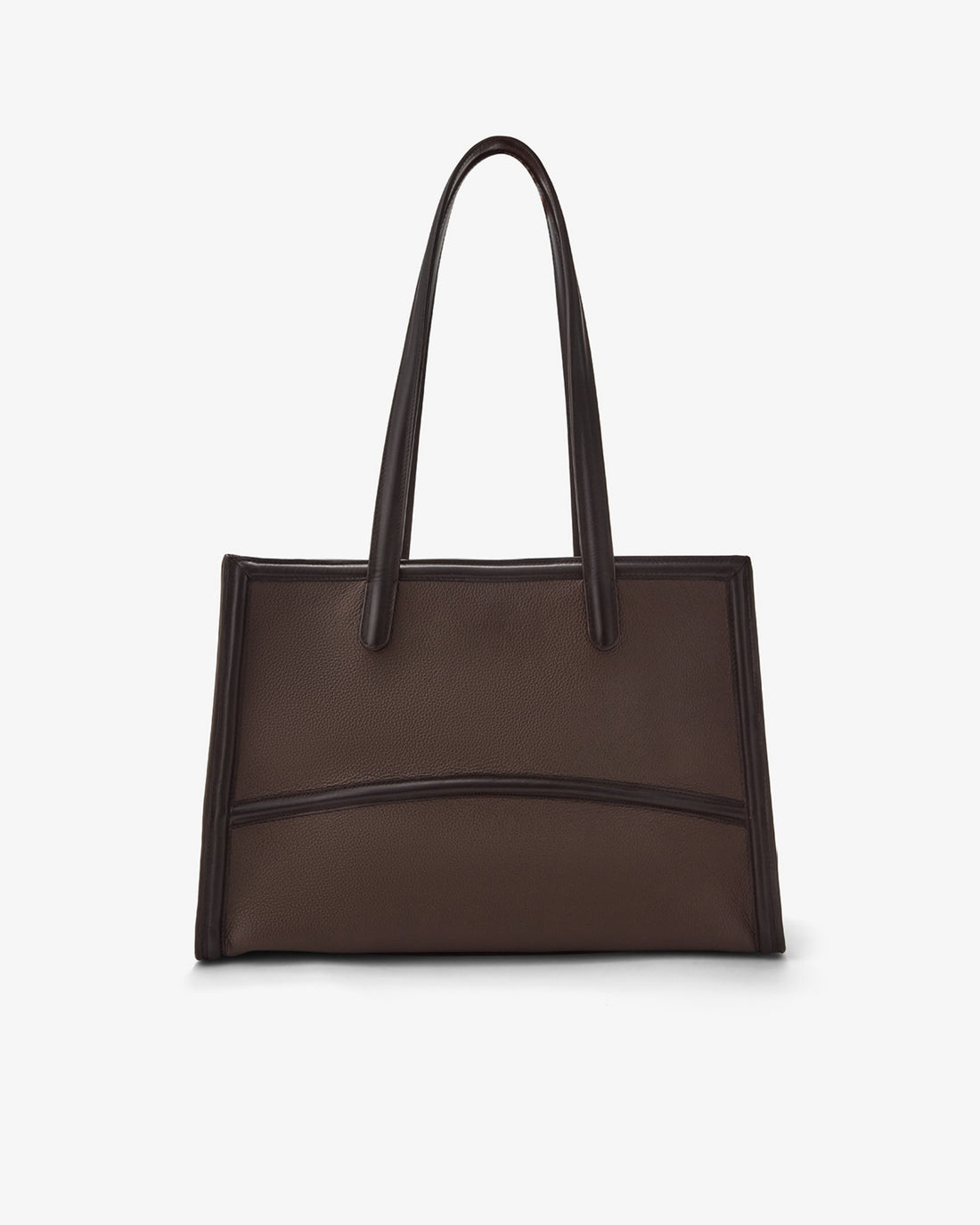 A dark brown leather tote bag with double shoulder straps, displayed against a clean, light gray background.