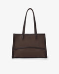 A dark brown leather tote bag with double shoulder straps, displayed against a clean, light gray background.