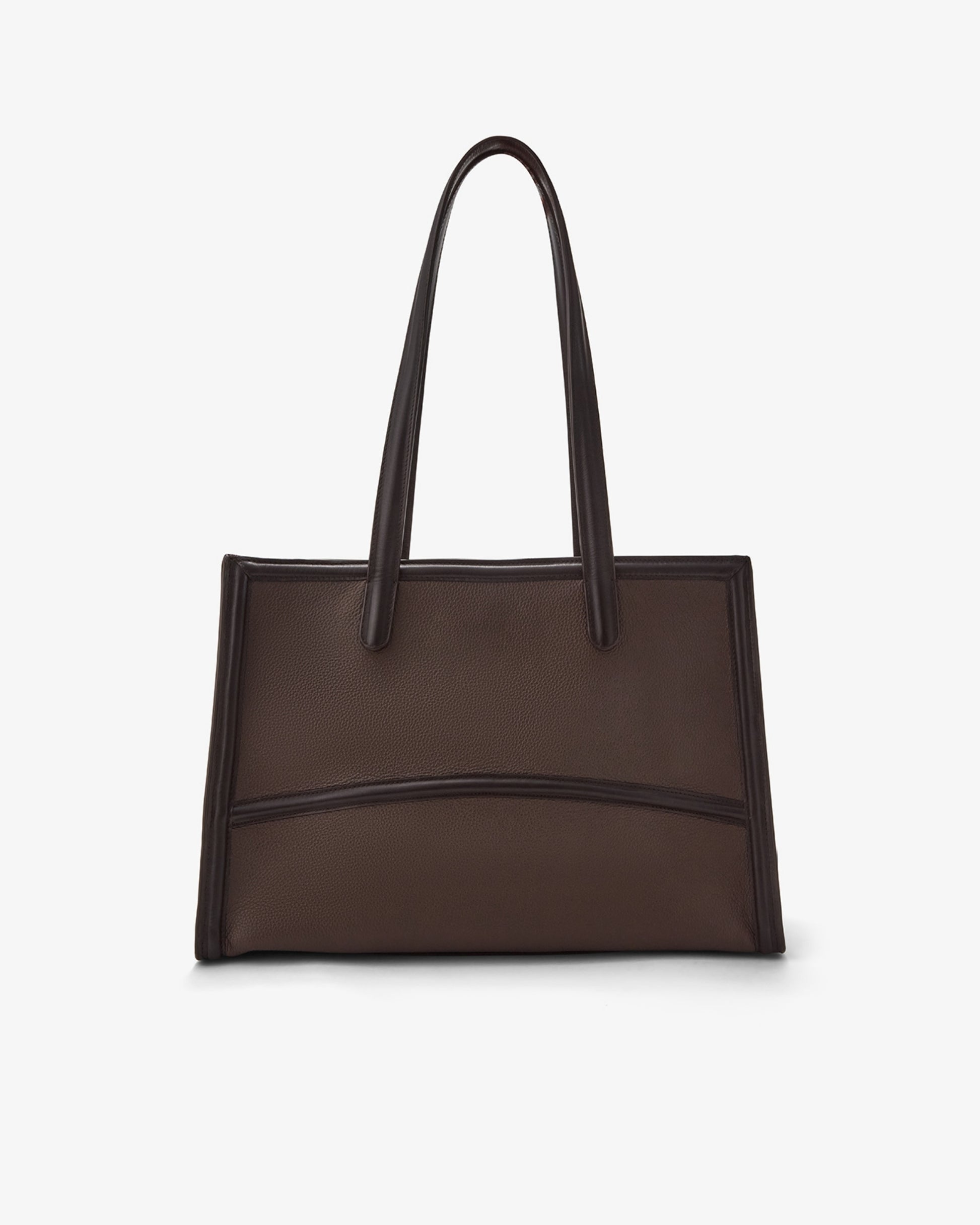 A dark brown leather tote bag with double shoulder straps, displayed against a clean, light gray background.