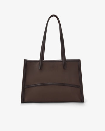 A dark brown leather tote bag with double shoulder straps, displayed against a clean, light gray background.