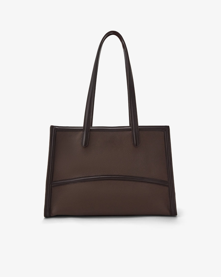 A dark brown leather tote bag with double shoulder straps, displayed against a clean, light gray background.