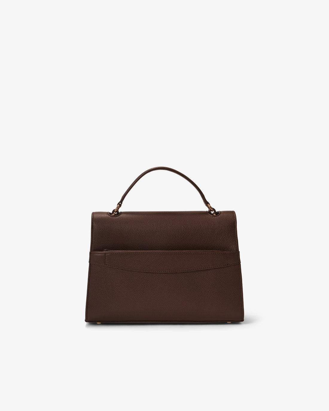 A dark brown leather handbag with a structured rectangular shape, a top handle, and a luggage strap, shown from the back against a plain white background.