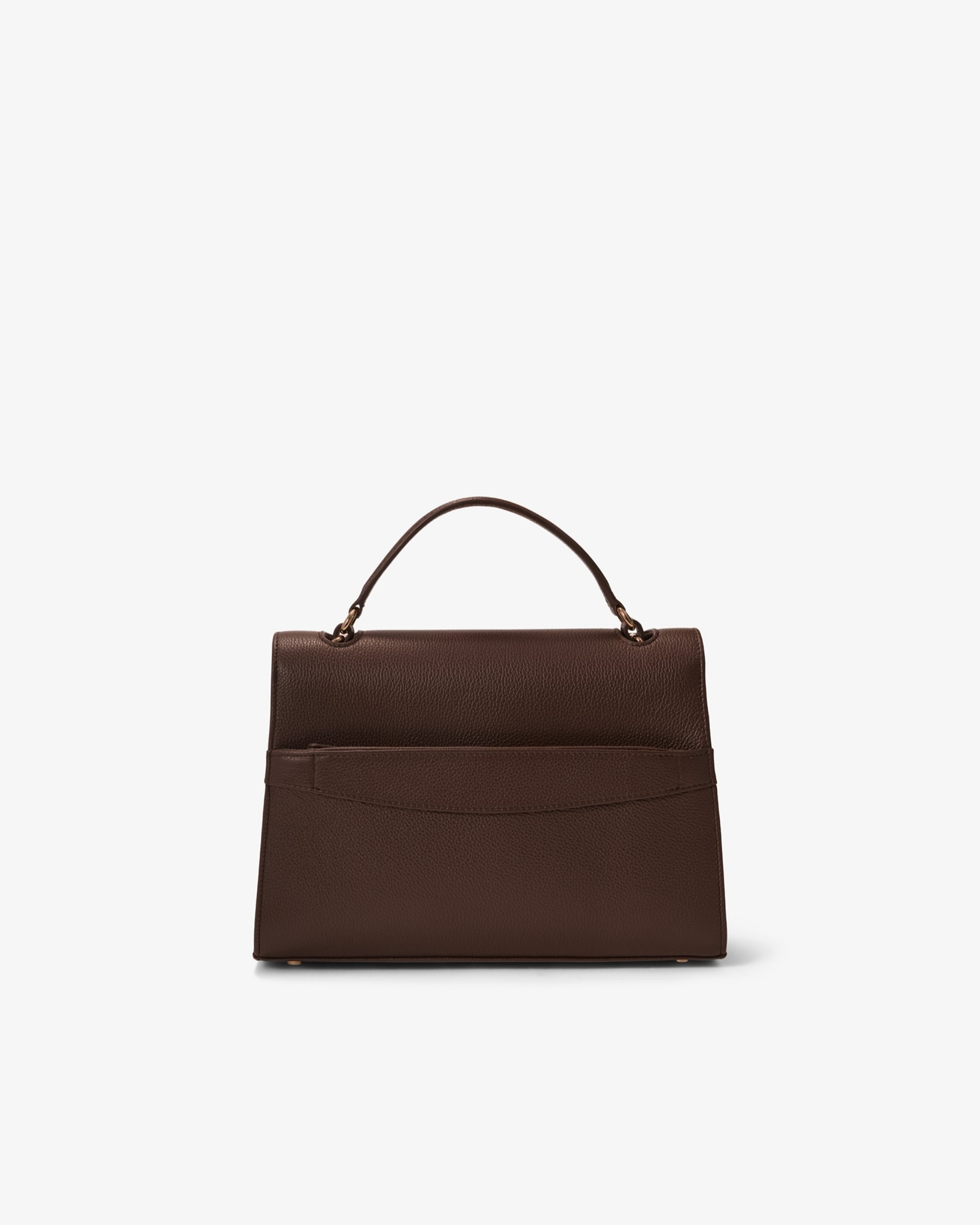 A dark brown leather handbag with a structured rectangular shape, a top handle, and a luggage strap, shown from the back against a plain white background.