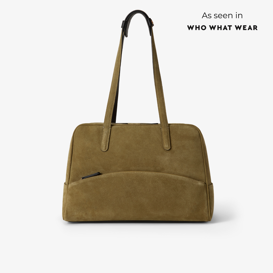 12 Hour Duffel Bag in Olive/Gold displayed upright, showcasing its structured silhouette, soft olive suede exterior.
