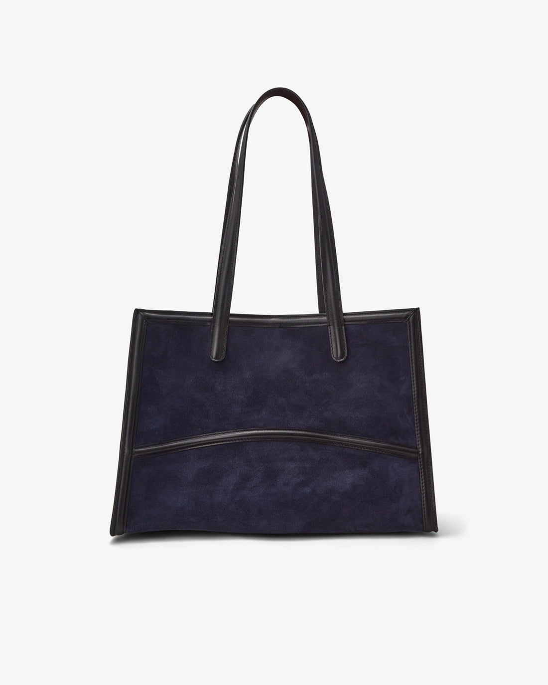 A navy blue suede tote bag with black leather trim and double shoulder straps, shown against a plain white background.
