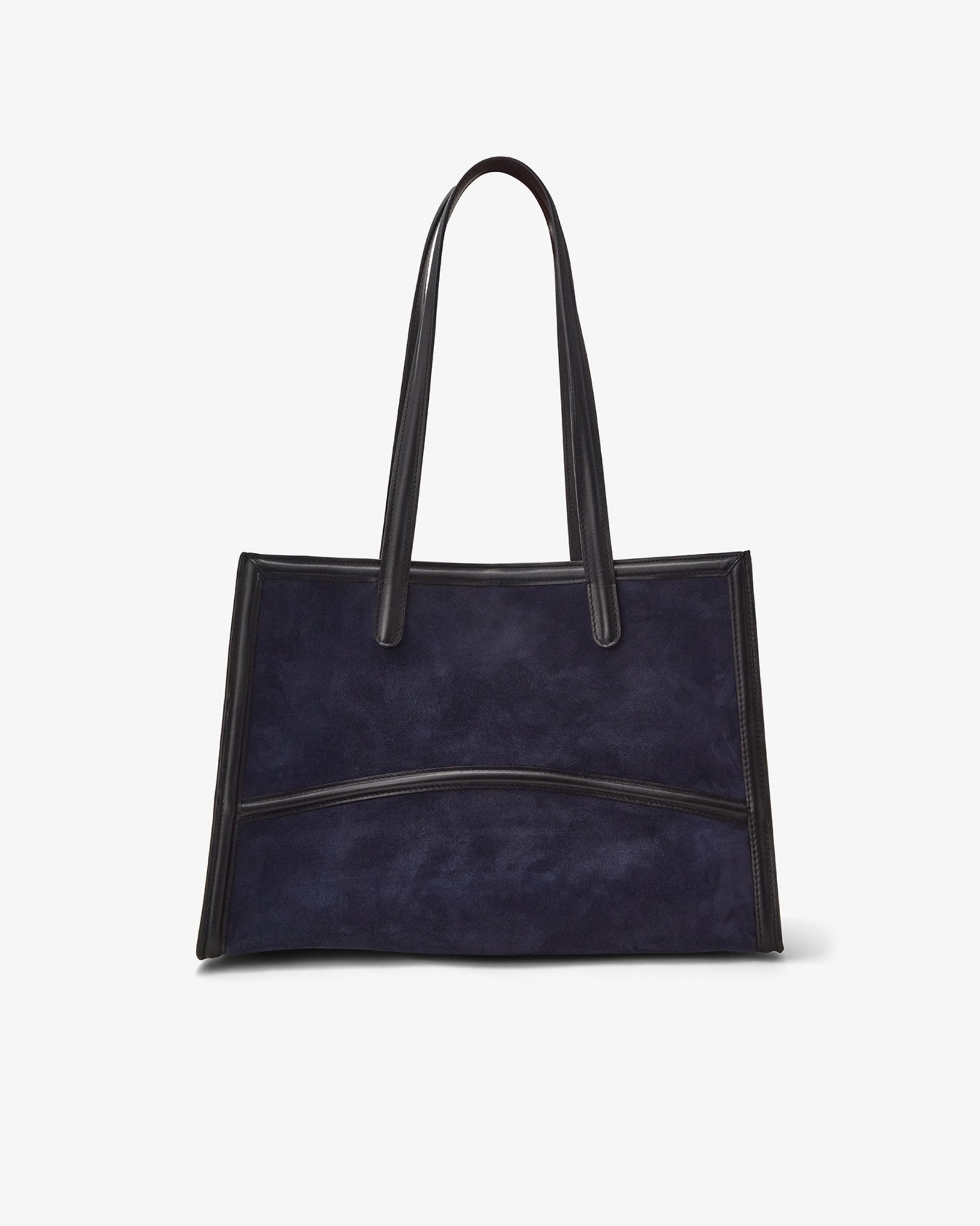 A navy blue suede tote bag with black leather trim and double shoulder straps, shown against a plain white background.