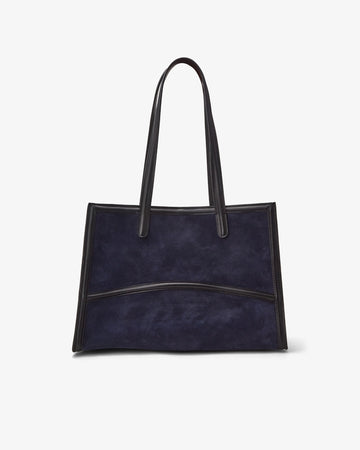 A navy blue suede tote bag with black leather trim and double shoulder straps, shown against a plain white background.
