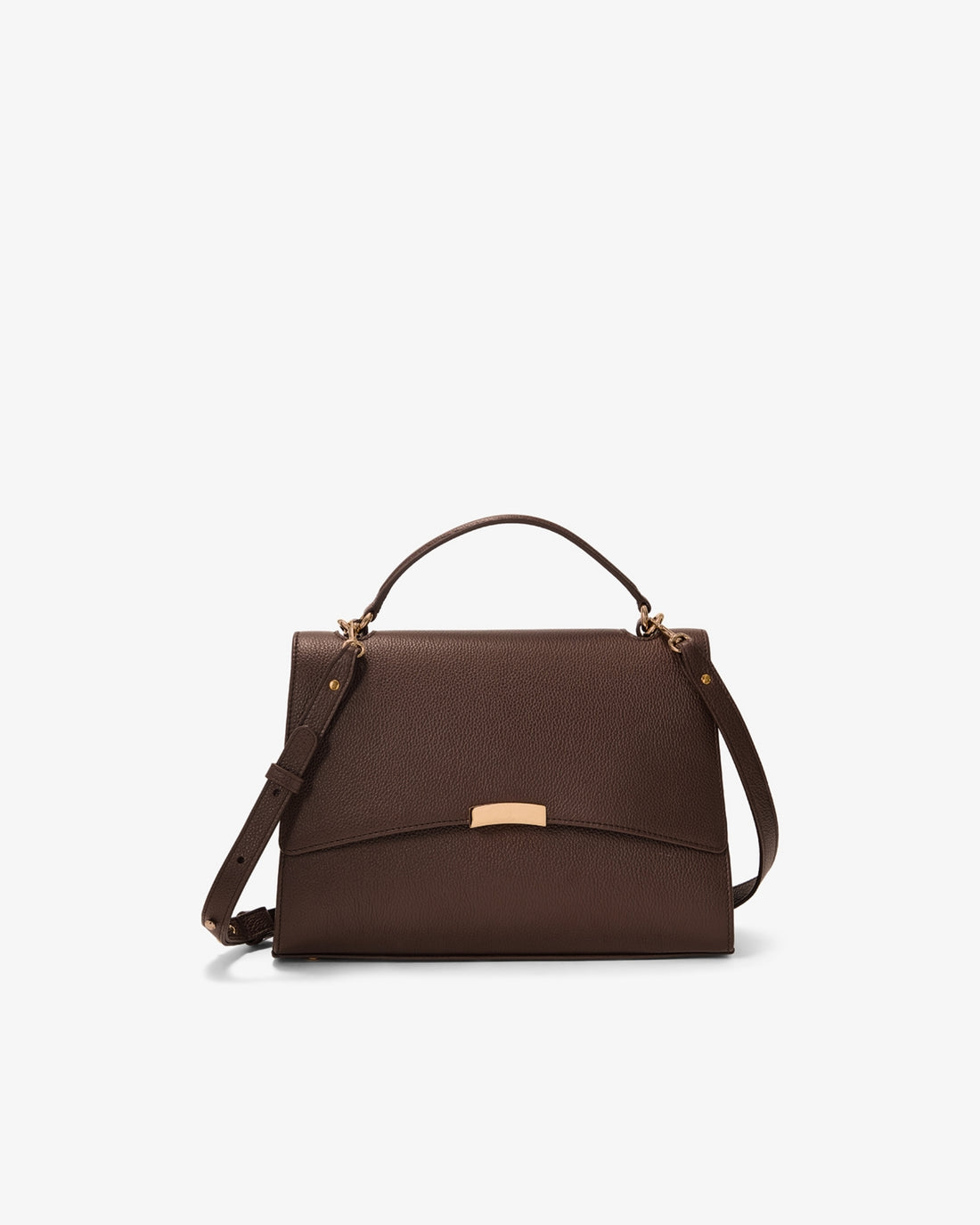 A dark brown textured leather handbag with a top handle, a detachable shoulder strap, and a gold-tone metal accent on the front flap, shown against a plain white background.