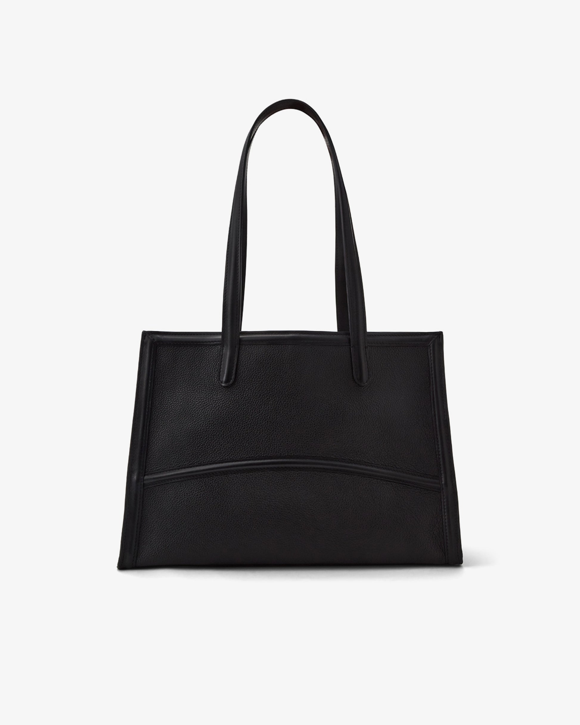 A black leather tote bag with double shoulder straps, displayed against a clean, light gray background.