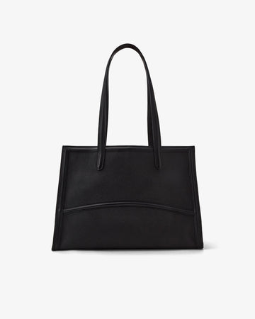 A black leather tote bag with double shoulder straps, displayed against a clean, light gray background.