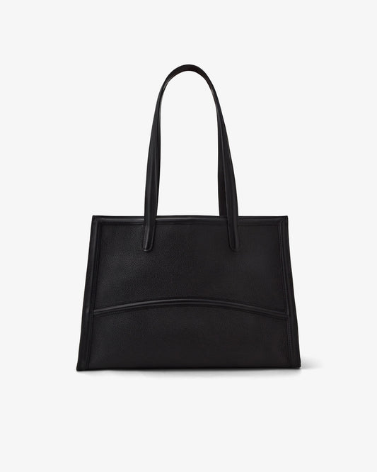 A black leather tote bag with double shoulder straps, displayed against a clean, light gray background.