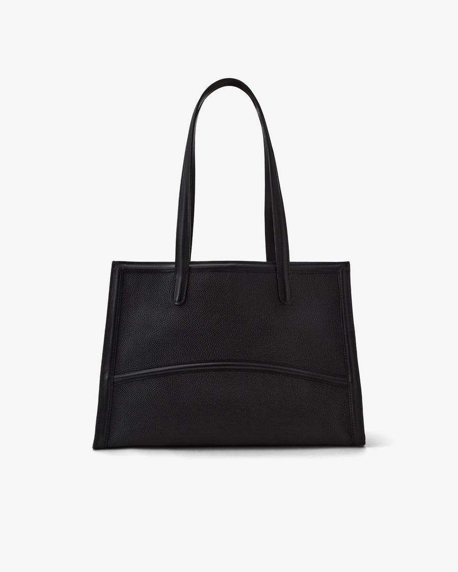 A black leather tote bag with double shoulder straps, displayed against a clean, light gray background.