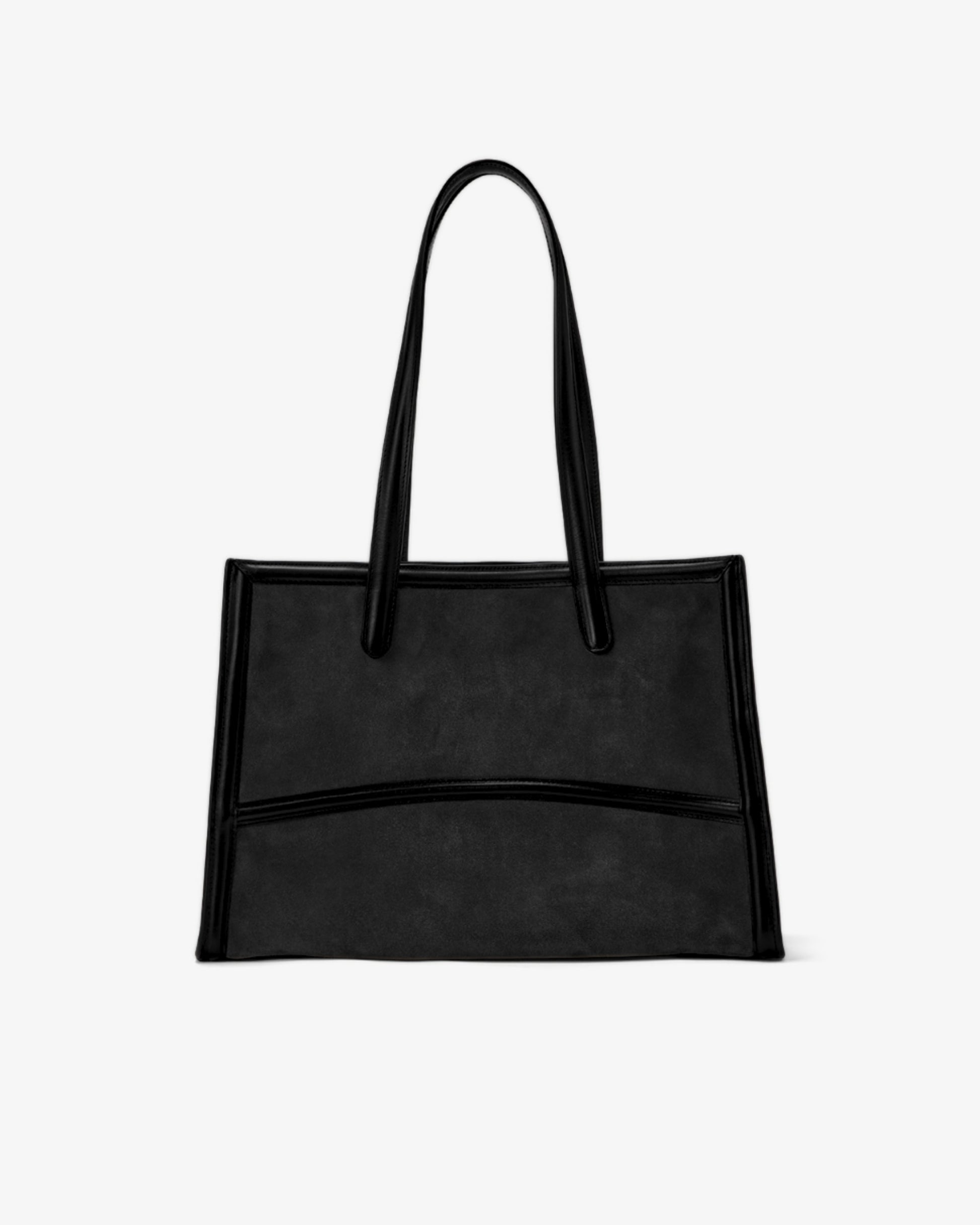 A black tote bag with a matte finish and double shoulder straps, shown against a plain white background.