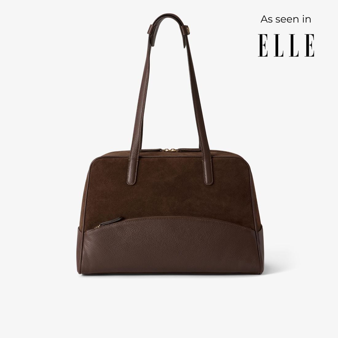Women's 12-hour duffel bag in rich mocha suede and pebbled leather with gold accents – luxury handbag for work and everyday style.