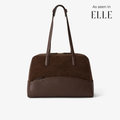 Women's 12-hour duffel bag in rich mocha suede and pebbled leather with gold accents – luxury handbag for work and everyday style.