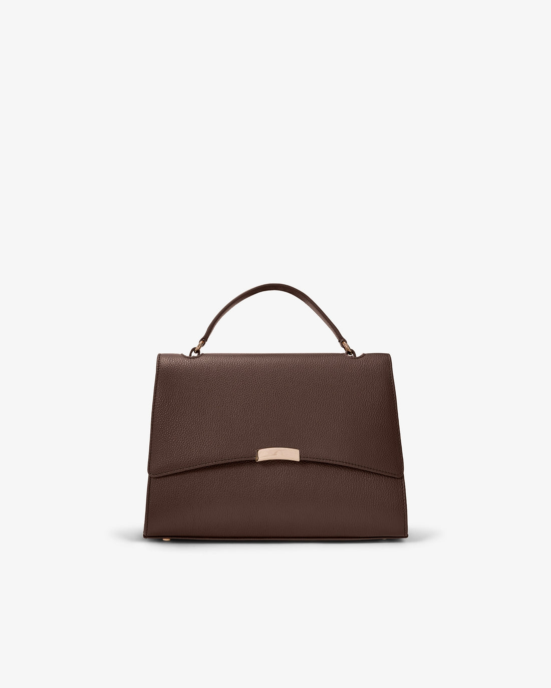 A structured dark brown leather handbag with a top handle and a small gold-tone metal accent on the front flap, shown against a plain light gray background.
