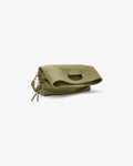An olive green leather clutch bag with a fold-over flap and a small cutout window, shown on a plain light gray background.