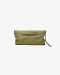 An olive green leather clutch bag with a flap closure and a matching leather luggae strap detail, shown against a plain white background.